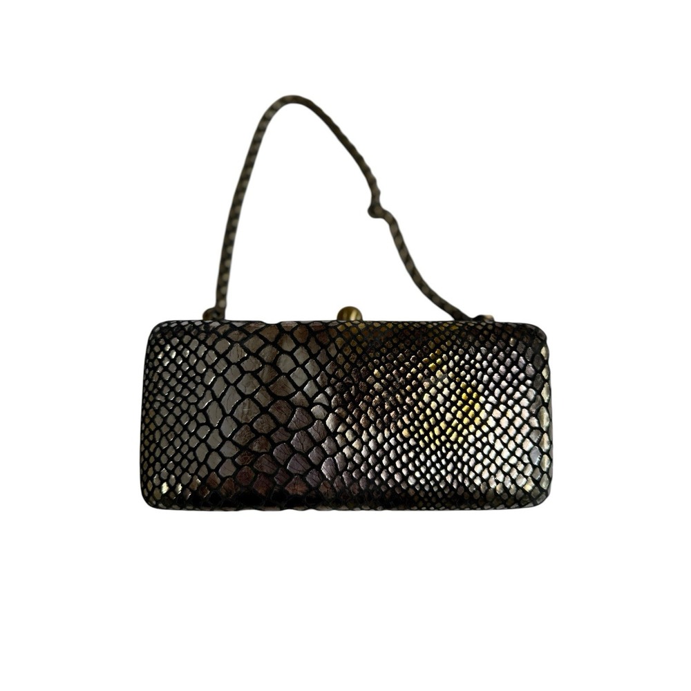 Inge Christopher Frame Clutch Women Small Metallic Excellent Snakeskin Embossed